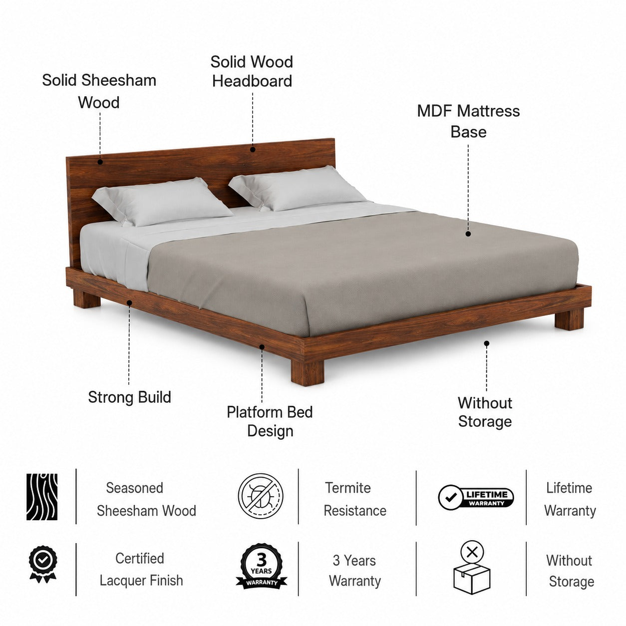 Mark Solid Sheesham Wood Platform Bed - 3 Years Warranty features