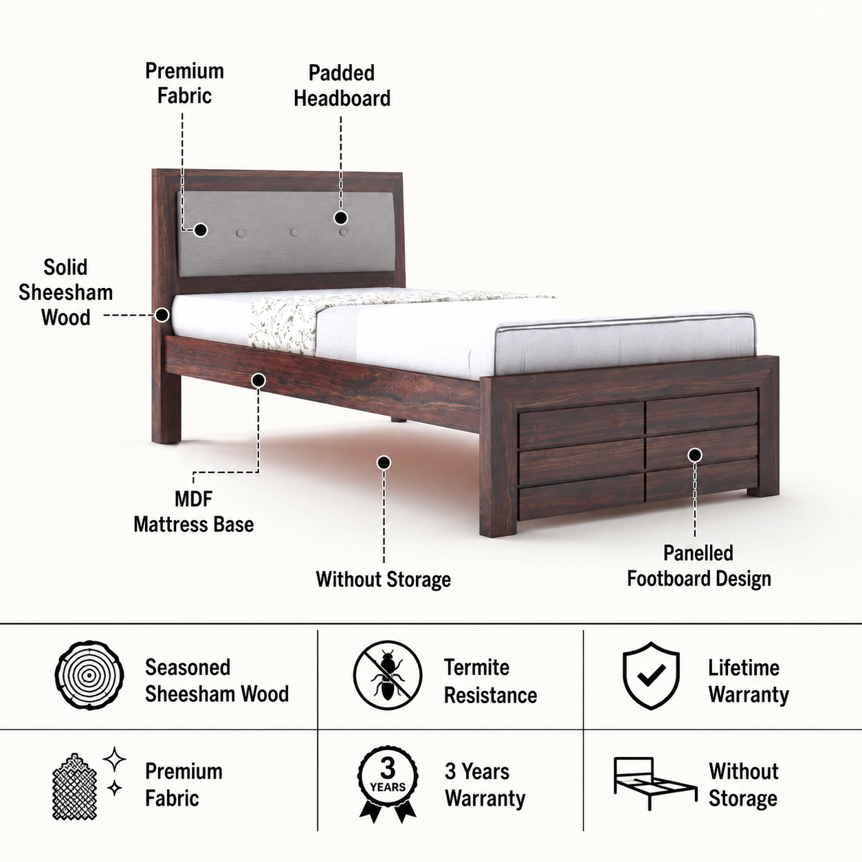 EURO Solid Sheesham Wood Single Bed With Upholstered Headboard - 3 Years Warranty features