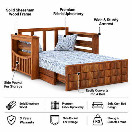 OSLO Solid Sheesham Wood 2 Seater Sofa Cum Bed With Side Pocket FLORAL - 3 Years Warranty