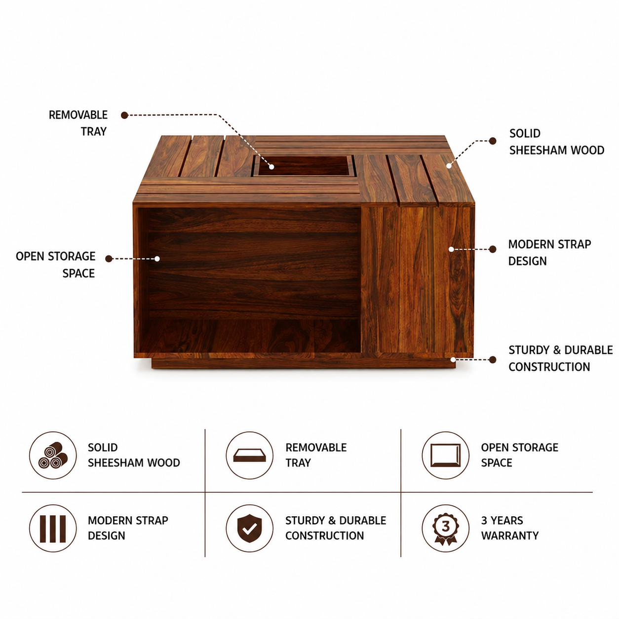 Strap Solid Sheesham Wood Coffee Table With Tray - 3 Years Warranty features
