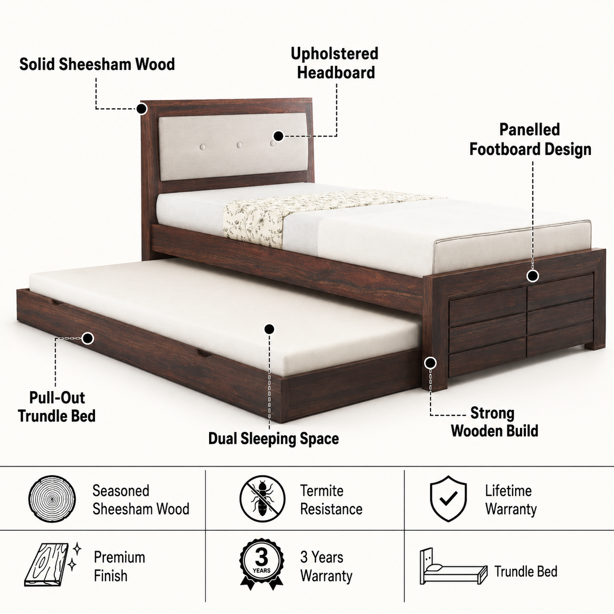 Euro Solid Sheesham Wood Single Trundle Bed With Upholstered Headboard - 3 Years Warranty features