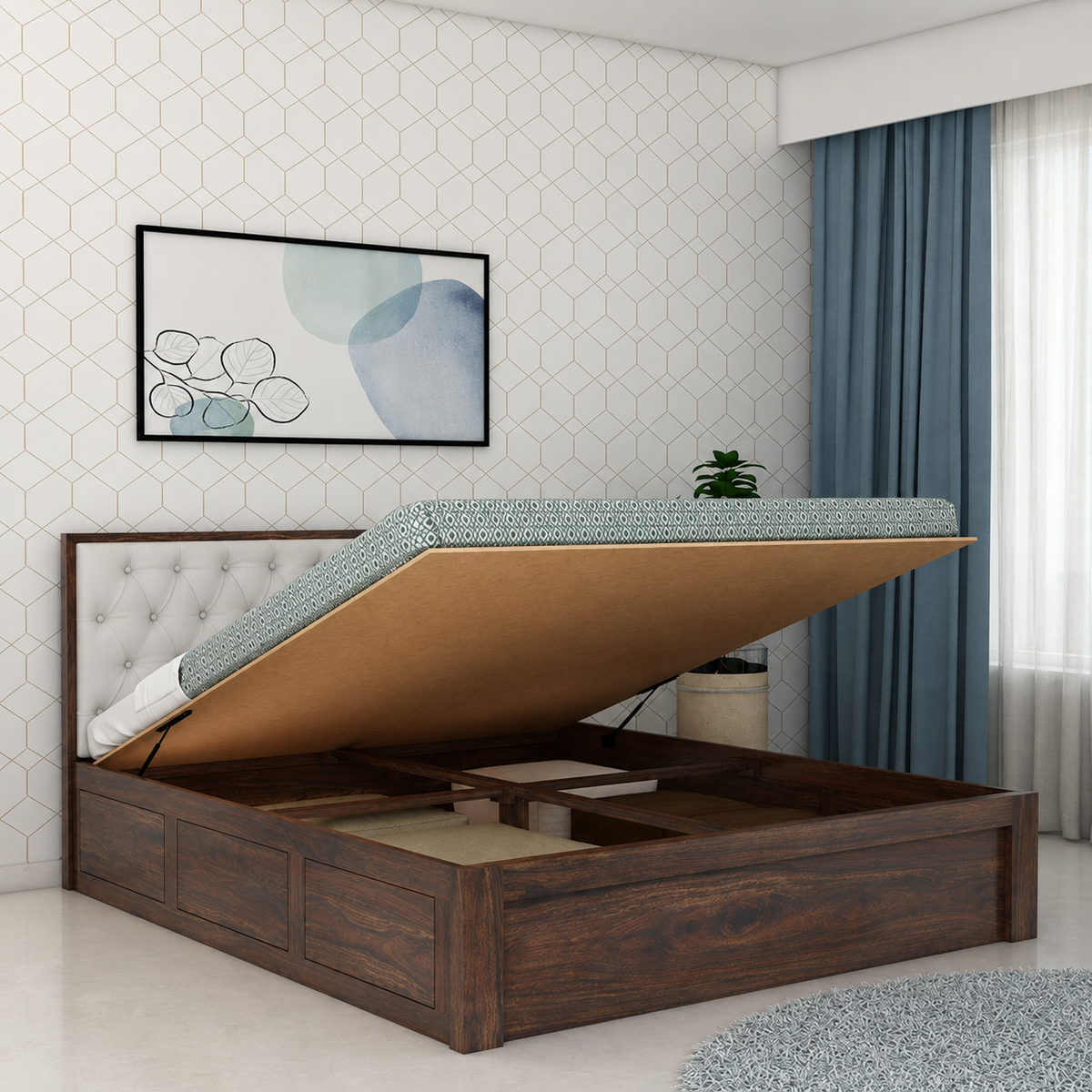 Decan Solid Sheesham Wood Bed with Hydraulic Storage and Upholstery Headboard - 3 Years Warranty