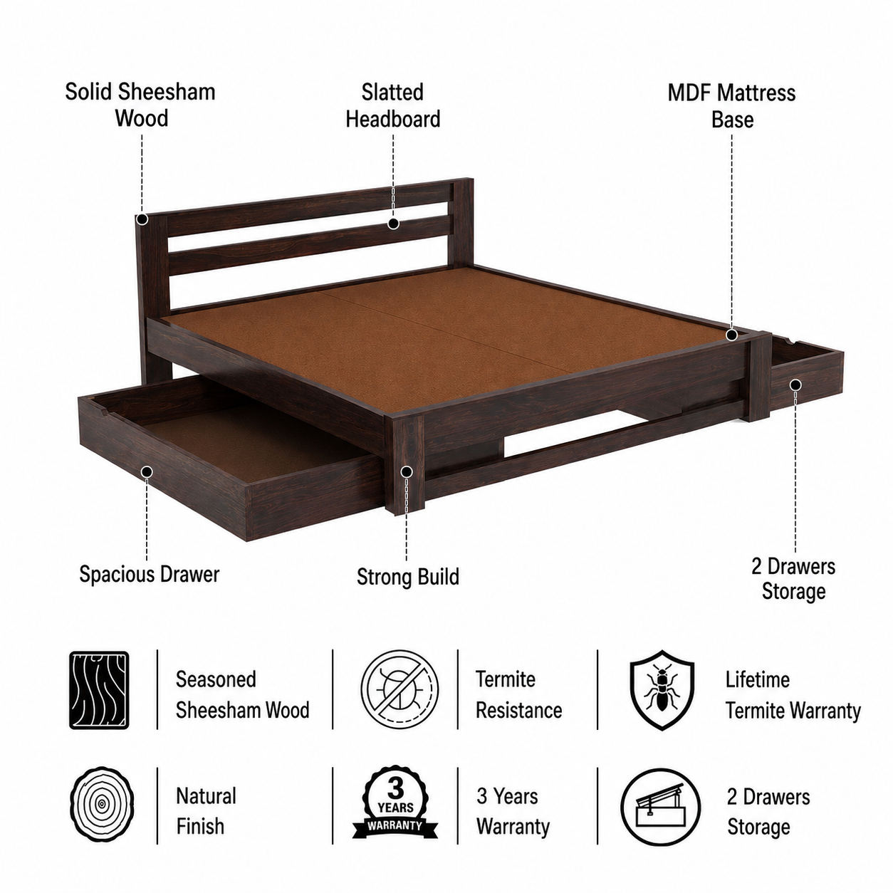 Foster Bed in Solid Sheesham Wood With Drawer Storage - 3 Years Warranty features