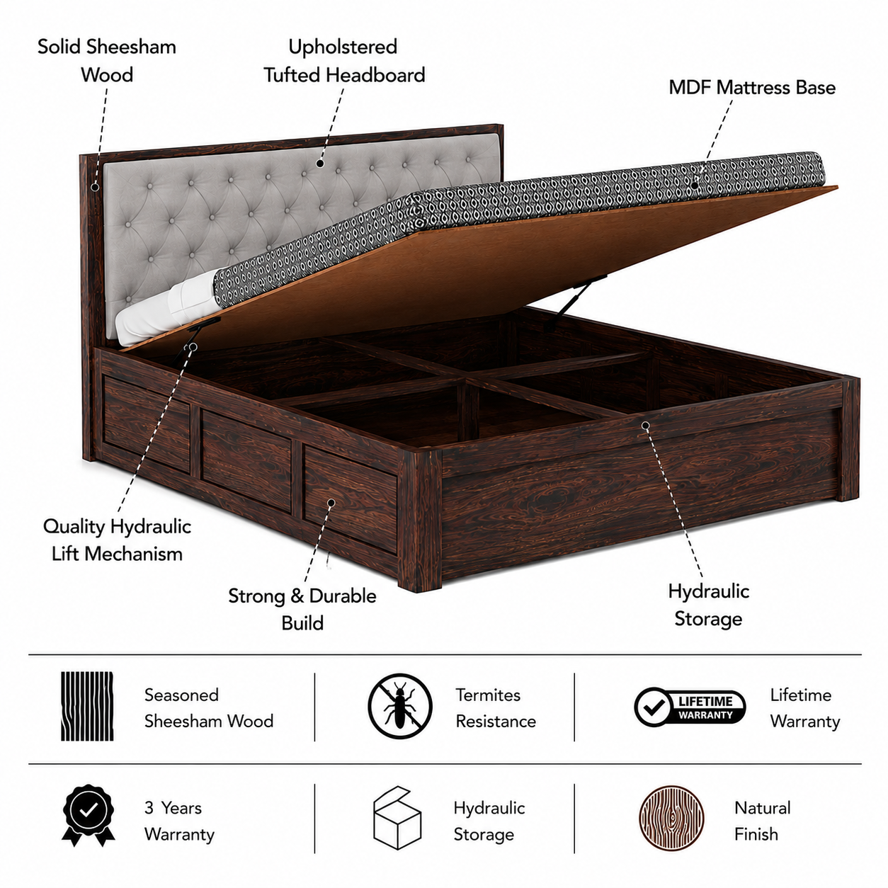 Decan Solid Sheesham Wood Bed with Hydraulic Storage and Upholstery Headboard - 3 Years Warranty features