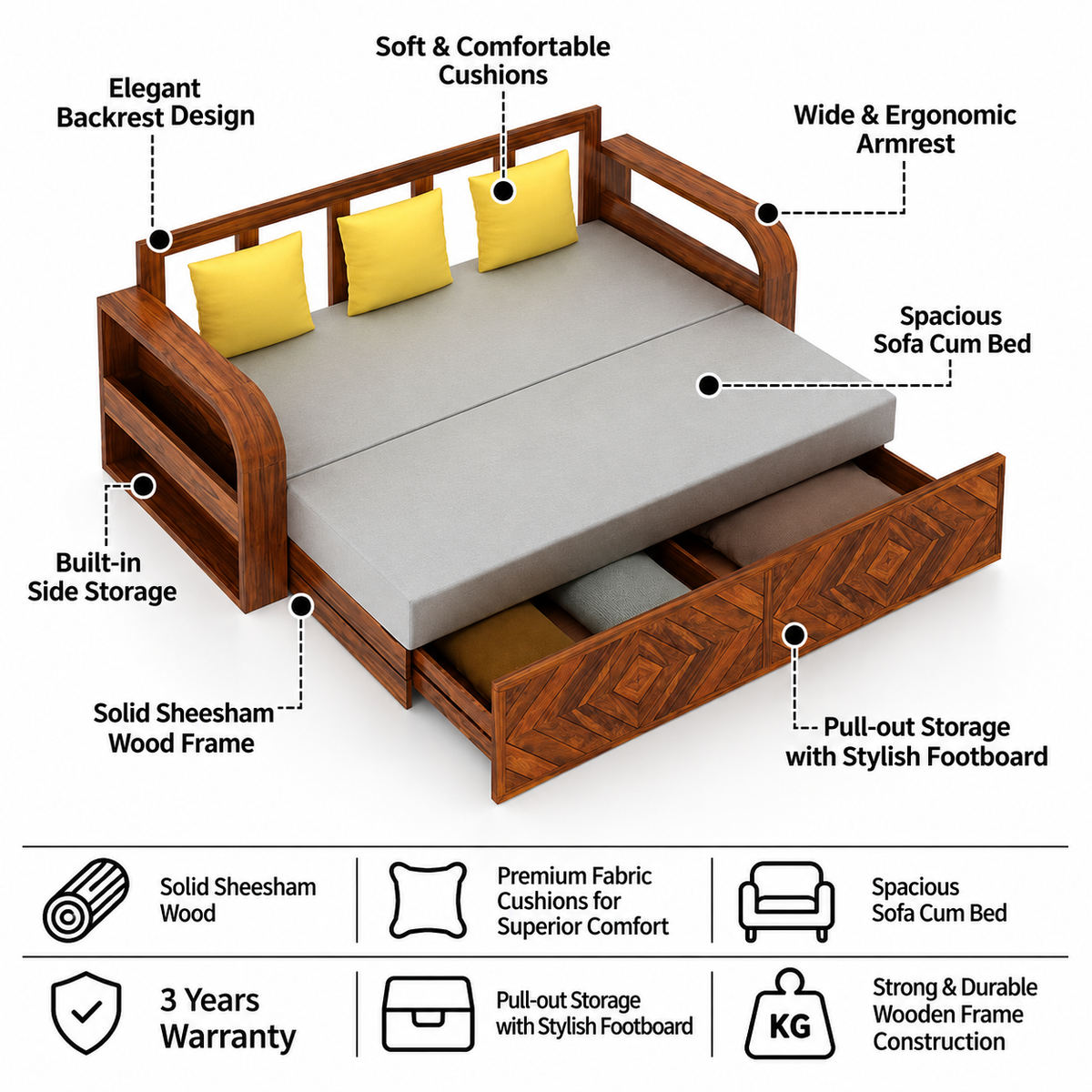 Wave Solid Sheesham Wood 3 Seater Sofa Cum Bed with Footboard Design - 3 years Warranty features