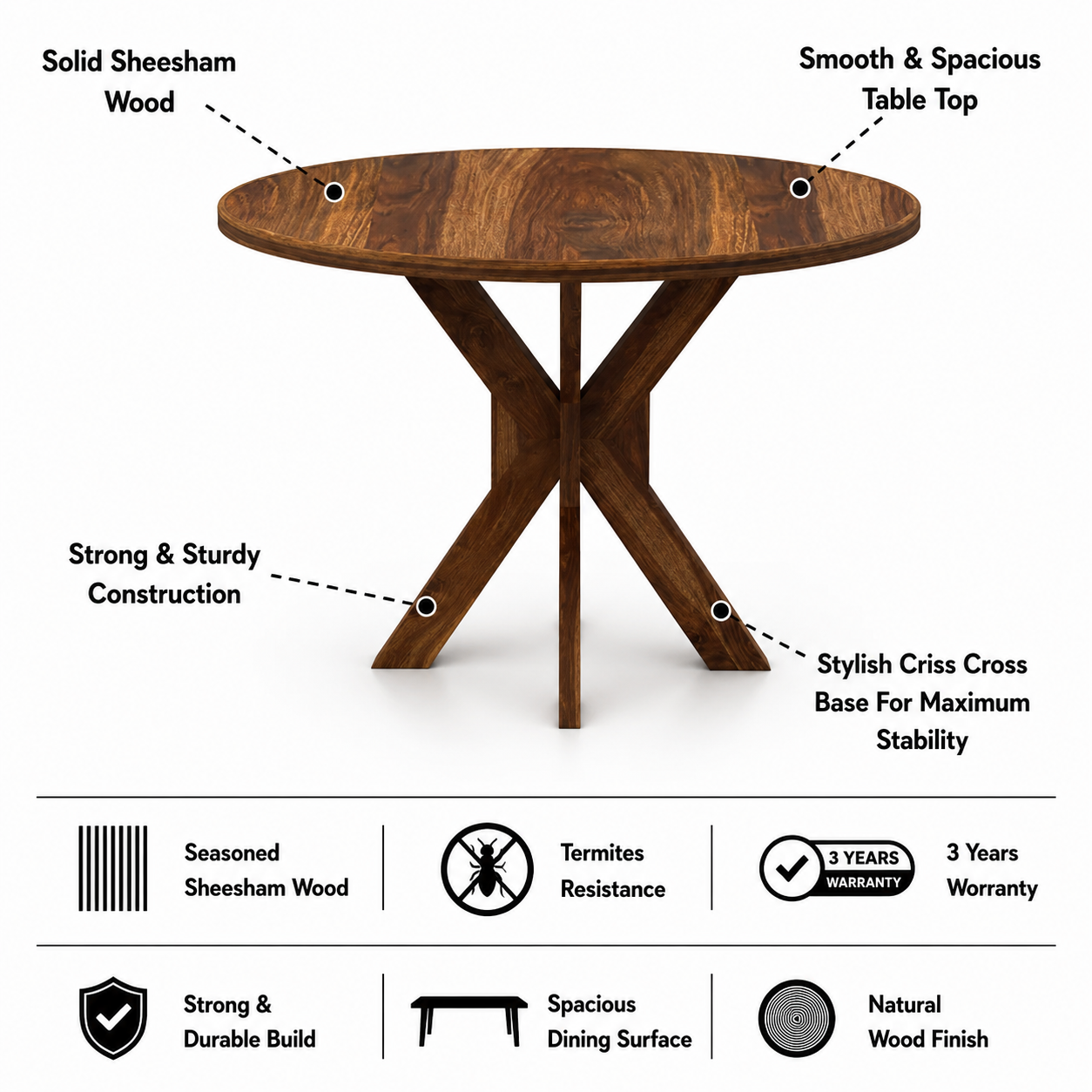 Cairo Oval Solid Sheesham Wood 4 Seater Dining Table Set - 3 Years Warranty features