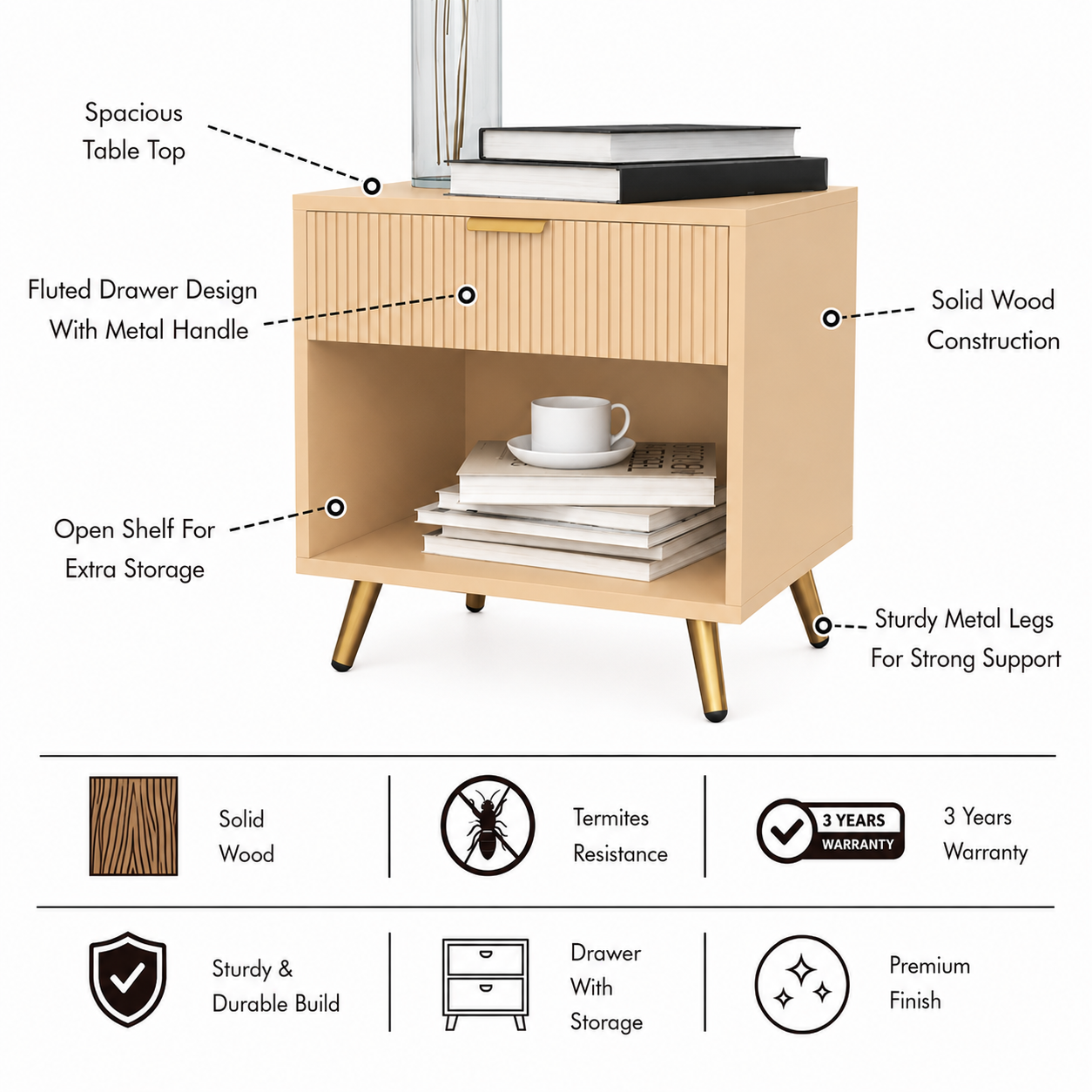 CHICAGO Solid Wood Bedside Table - 3 Years Warranty (LUXE EDITION) features