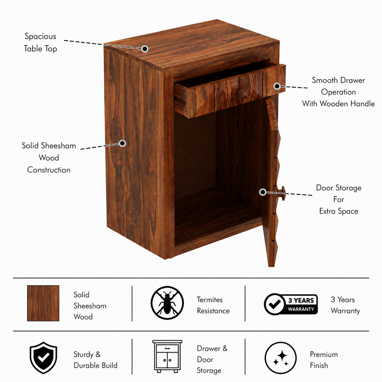 Oslo Solid Sheesham Wood Bedside With Drawer and Door Storage - 3 Years Warranty features