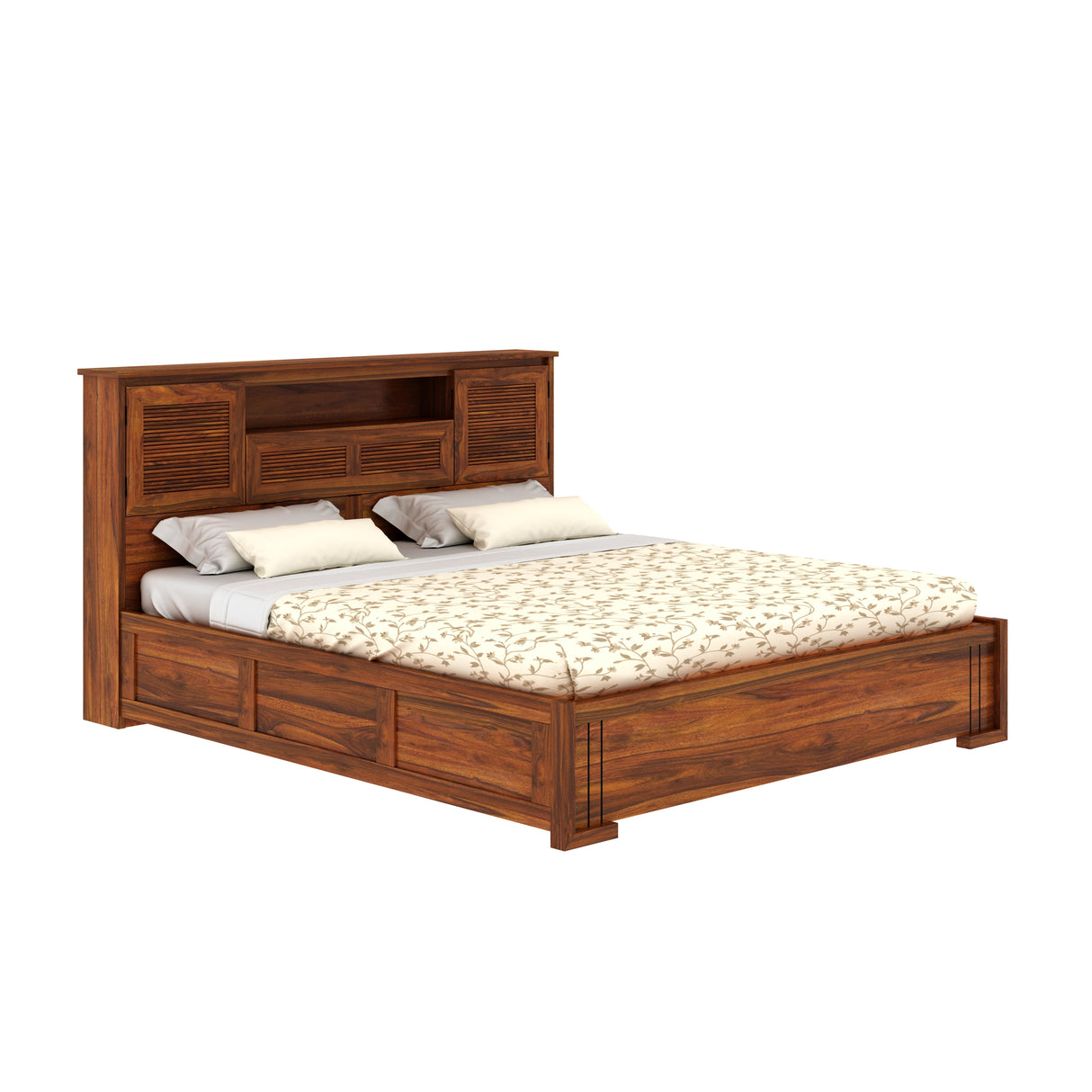 Maharaja Groove Solid Sheesham Wood Bed with Box and Headboard Storage - 1 Year Warranty