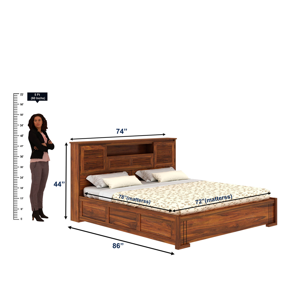 Maharaja Groove Solid Sheesham Wood Bed with Box and Headboard Storage - 1 Year Warranty