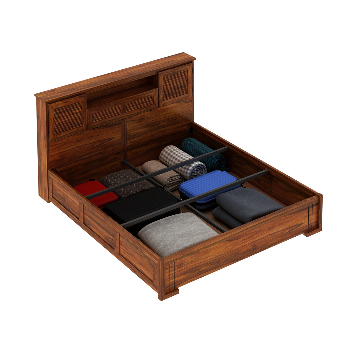 Maharaja Groove Solid Sheesham Wood Bed with Box and Headboard Storage - 3 years Warranty