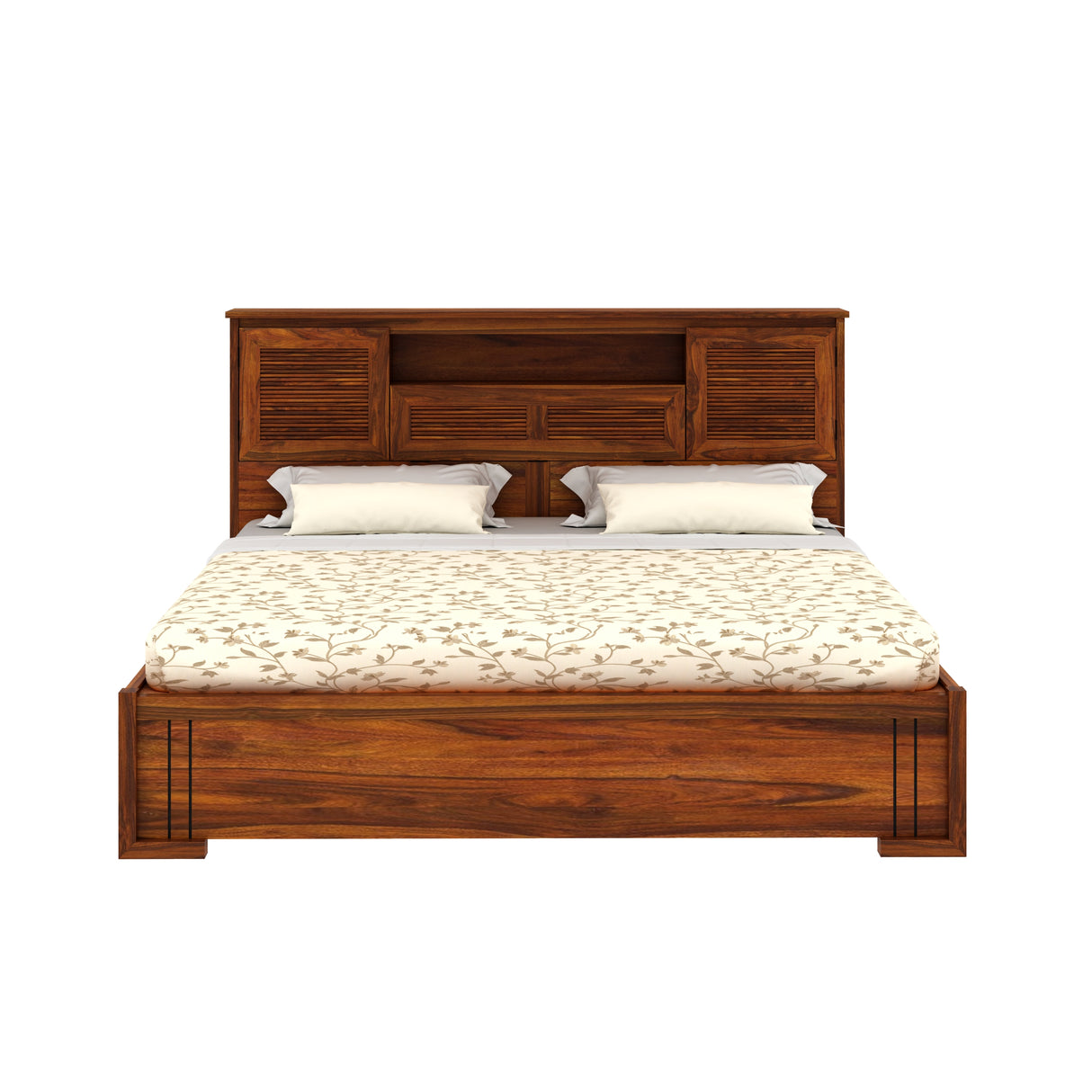 Maharaja Groove Solid Sheesham Wood Bed with Box and Headboard Storage - 1 Year Warranty