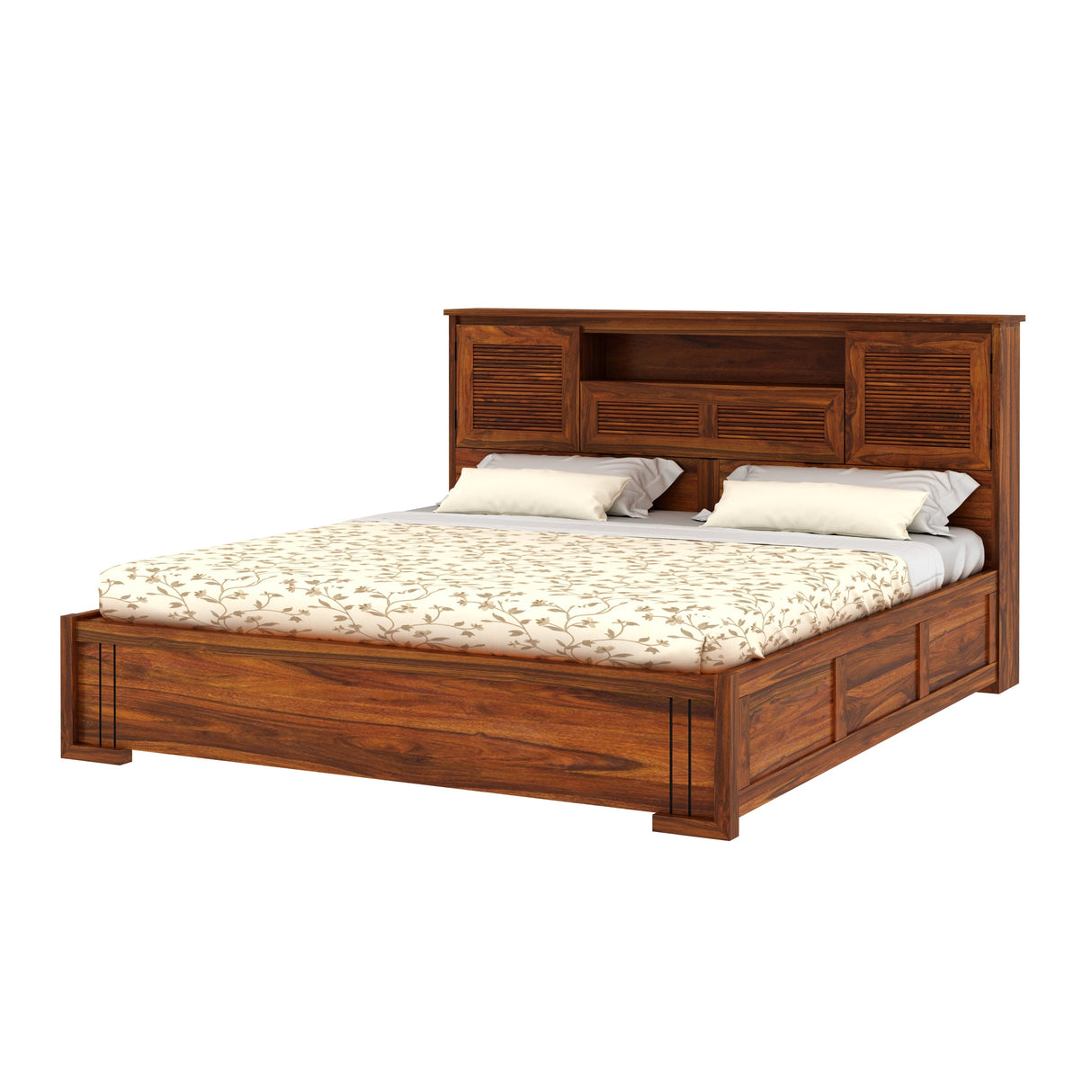 Maharaja Groove Solid Sheesham Wood Bed with Box and Headboard Storage - 3 years Warranty