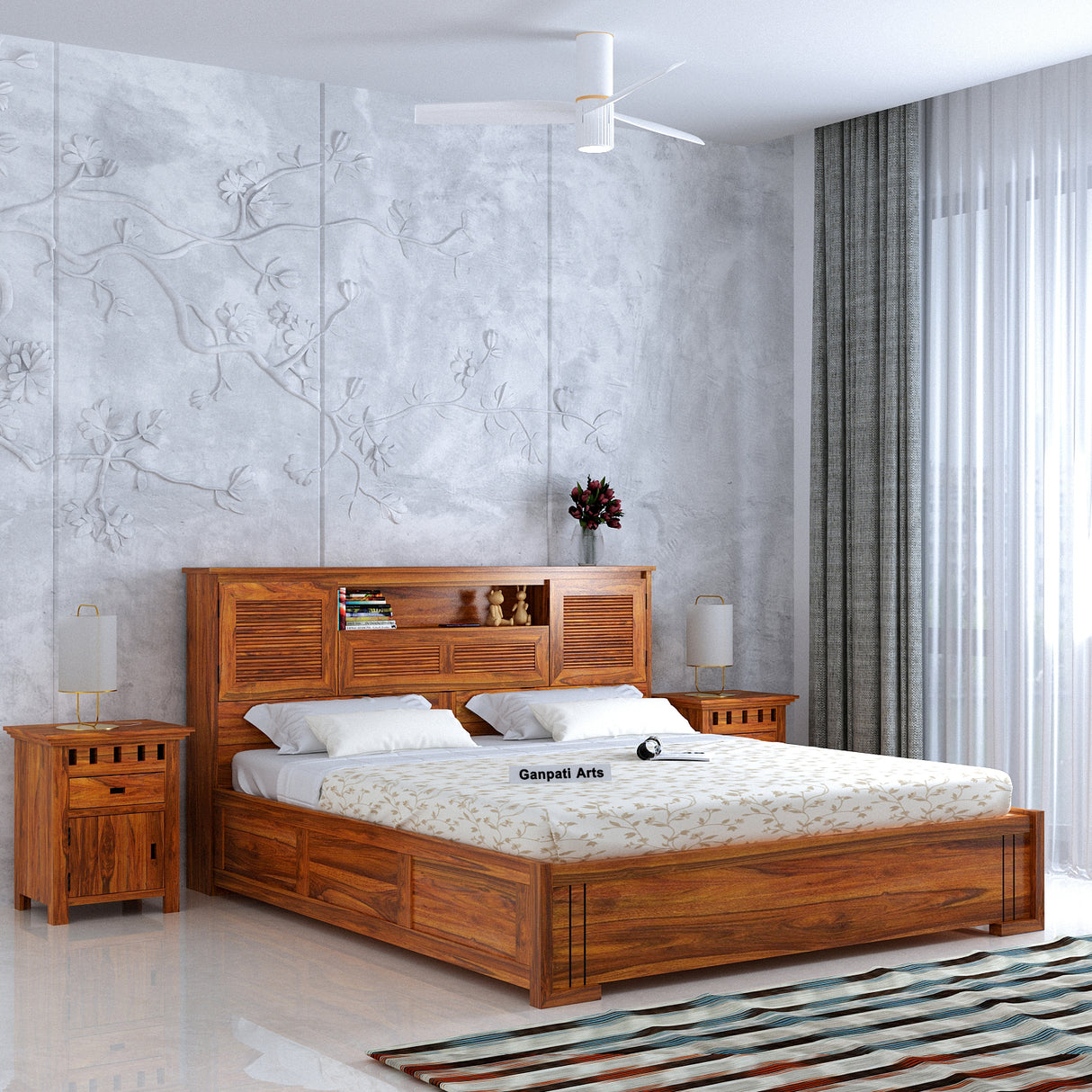 Maharaja Groove Solid Sheesham Wood Bed with Box and Headboard Storage - 1 Year Warranty