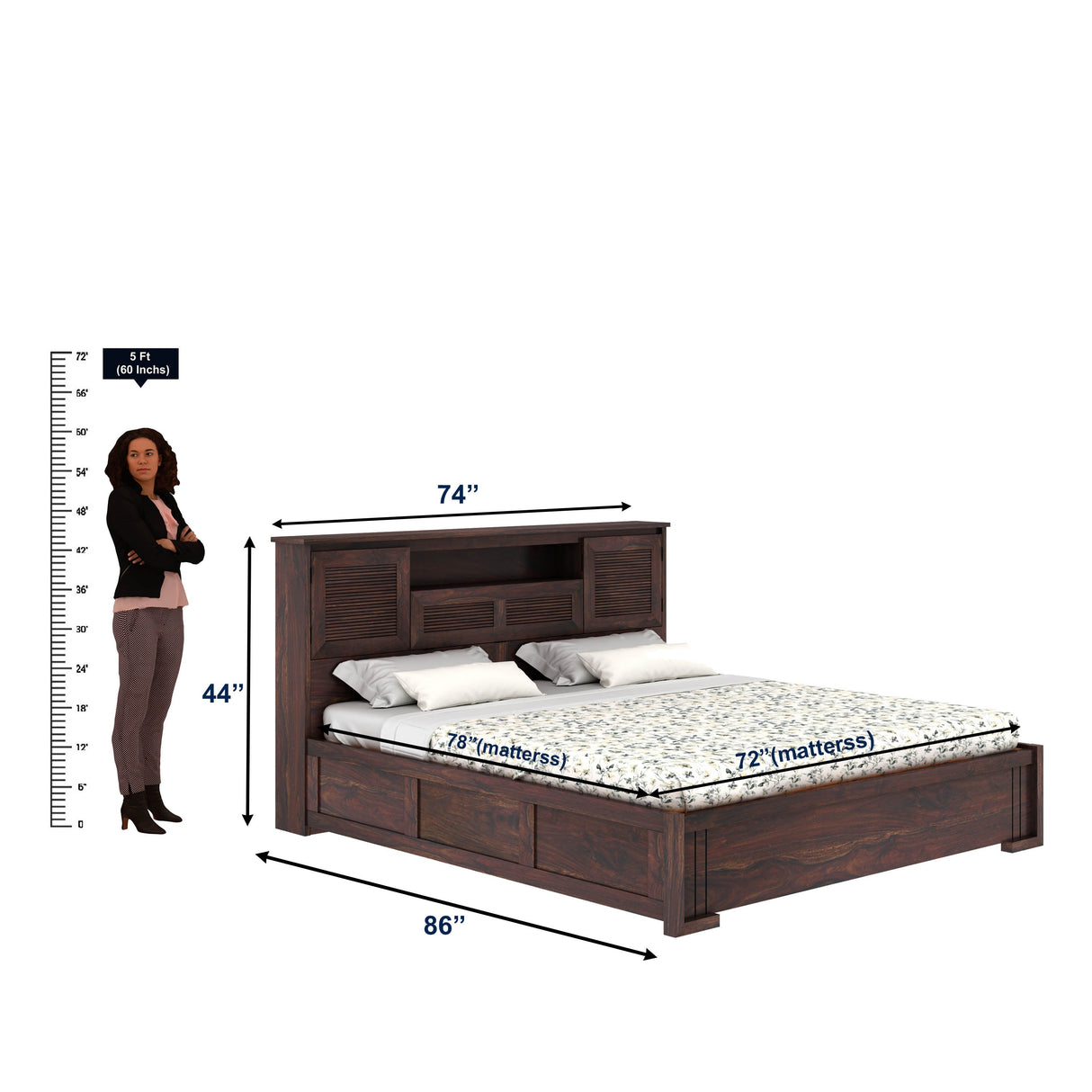 Maharaja Groove Solid Sheesham Wood Bed with Hydraulic Box and Headboard Storage - 3 years Warranty