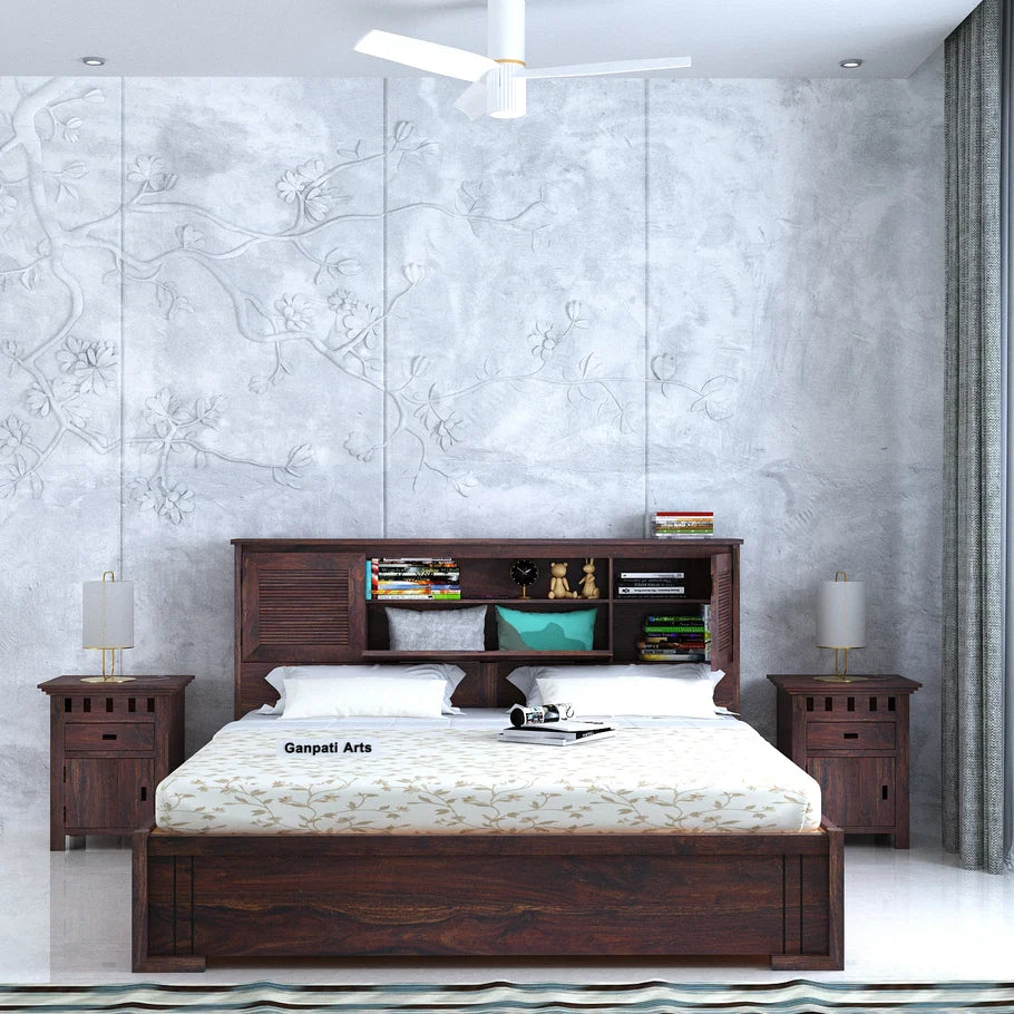 Maharaja Groove Solid Sheesham Wood Bed with Box and Headboard Storage - 3 years Warranty features