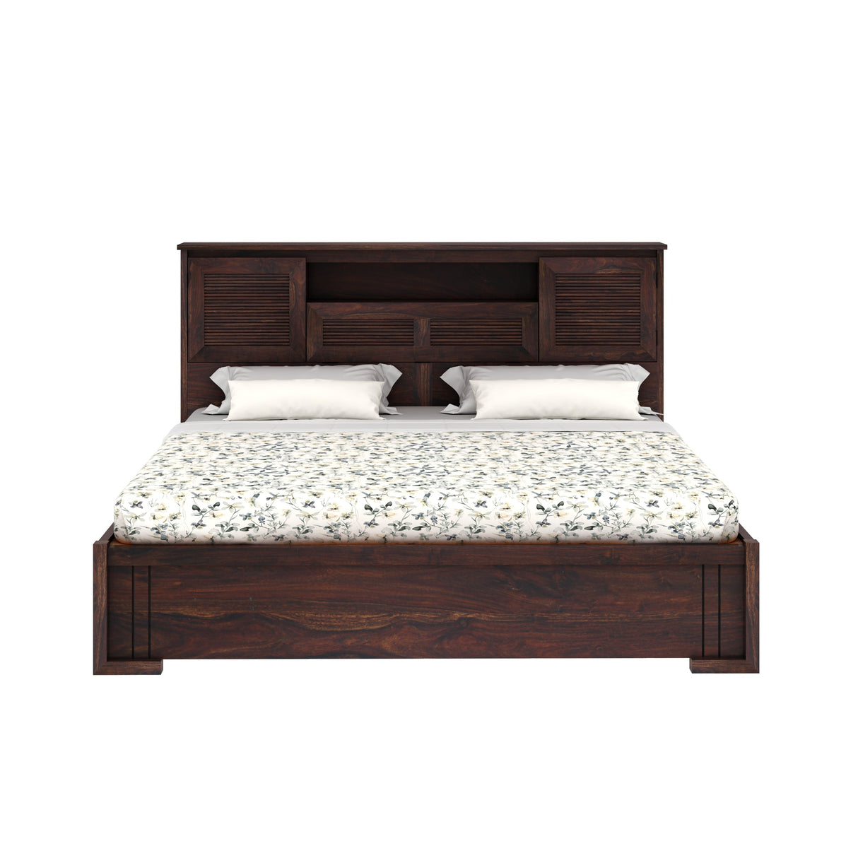 Maharaja Groove Solid Sheesham Wood Bed with Hydraulic Box and Headboard Storage - 3 years Warranty