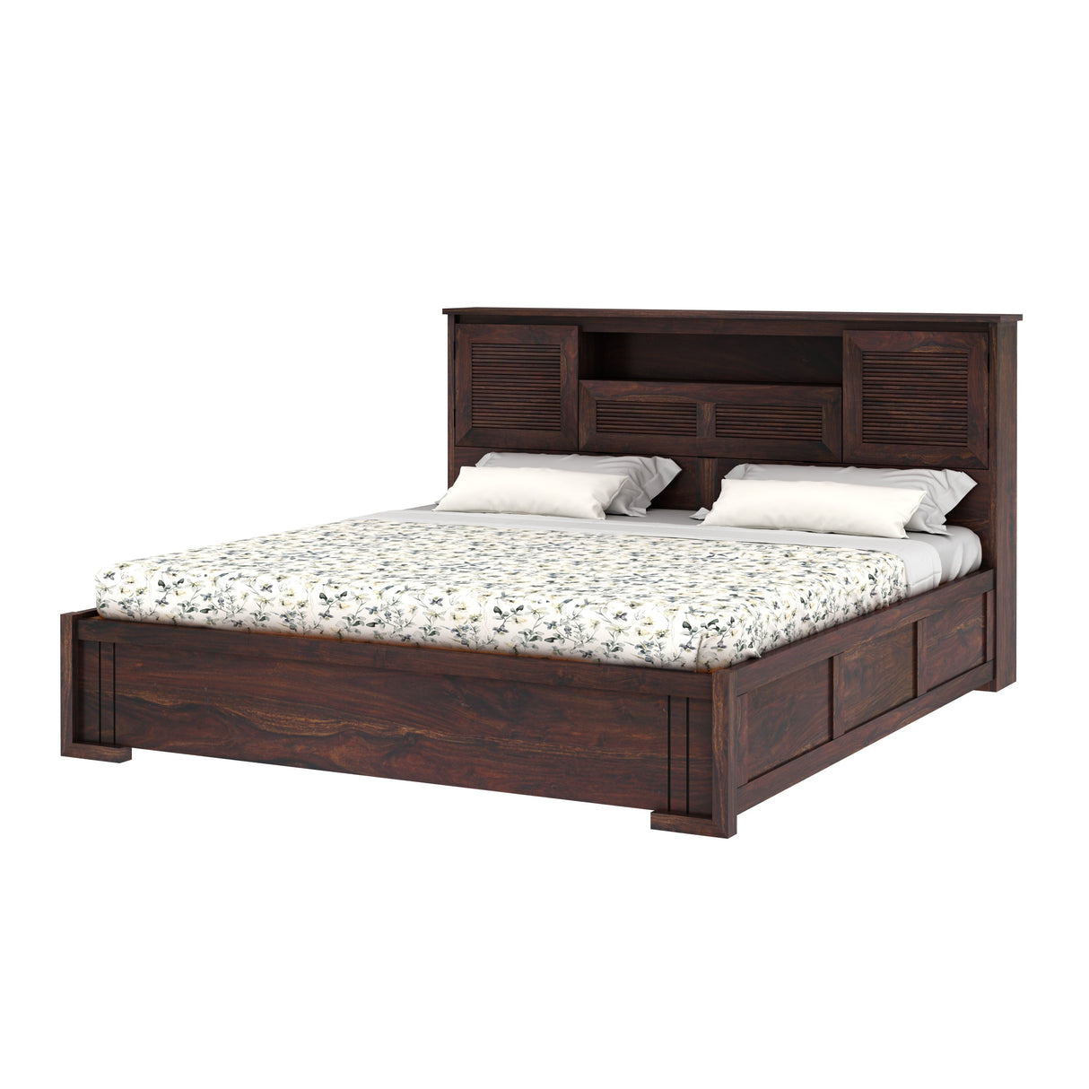 Maharaja Groove Solid Sheesham Wood Bed with Hydraulic Box and Headboard Storage - 3 years Warranty