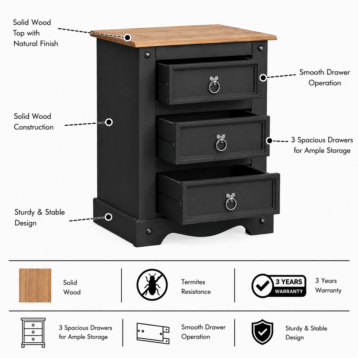 MONACO Solid Wood Bedside Table - 3 Years Warranty (LUXE EDITION) features