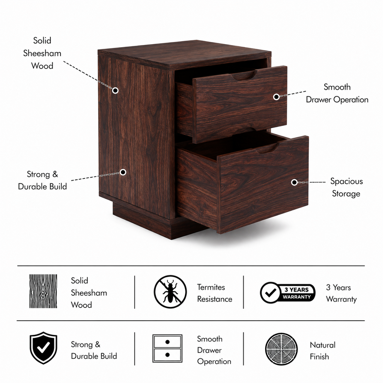 Foster Solid Sheesham Wood Bedside With Two Drawer Storage - 3 Years Warranty features