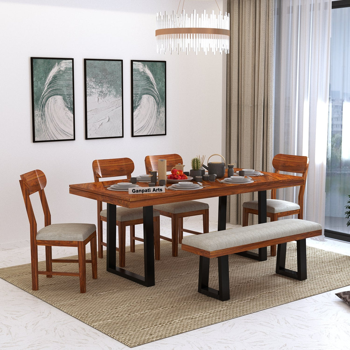 Wave Solid Sheesham Wood 6 Seater Dining Set With Iron Legs(Wave Detailing Top) - 3 Years Warranty