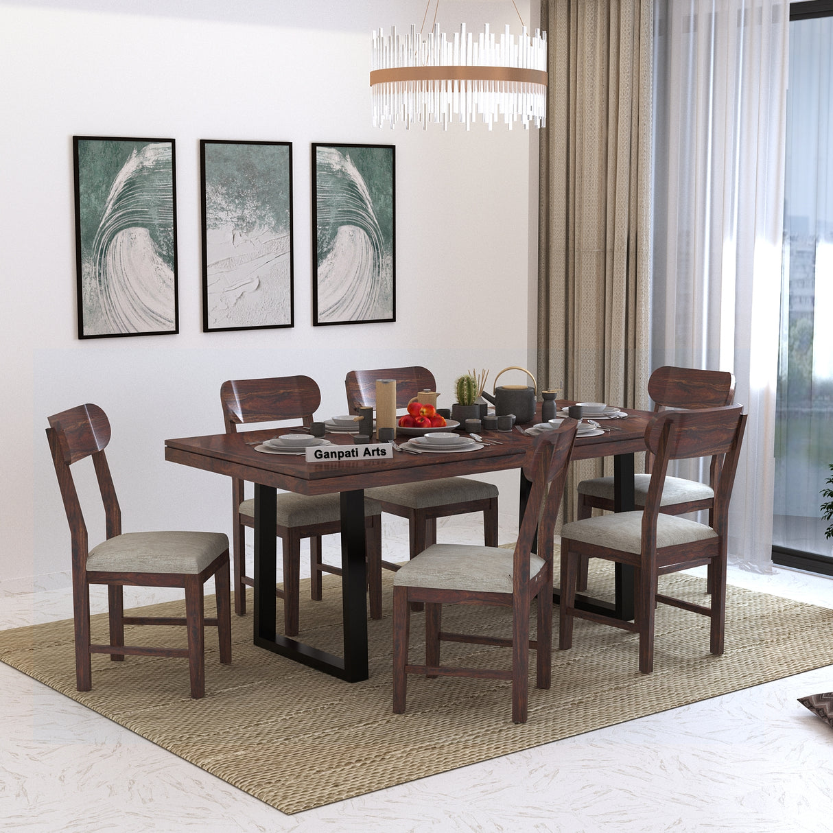 Wave Solid Sheesham Wood 6 Seater Dining Set With Iron Legs(Wave Detailing Top) - 3 Years Warranty