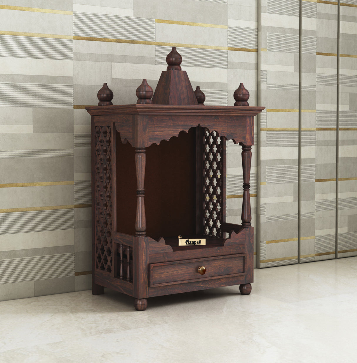 Vinayaka Solid Sheesham Wood Temple/Mandir With One Drawer Storage - 3 Years Warranty