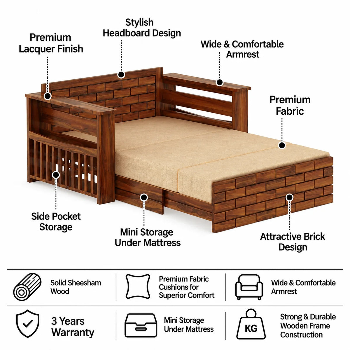 Italian Solid Sheesham Wood 2 Seater Sofa Cum Bed With Headboard and Mini Storage - 3 Years Warranty