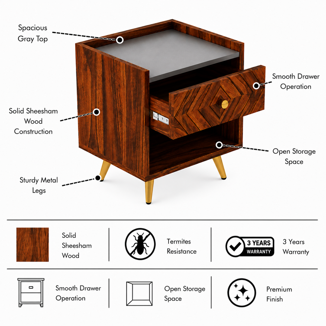 Wave Solid Sheesham Wood Bedside With Gray Top and Storage - 3 Years Warranty features