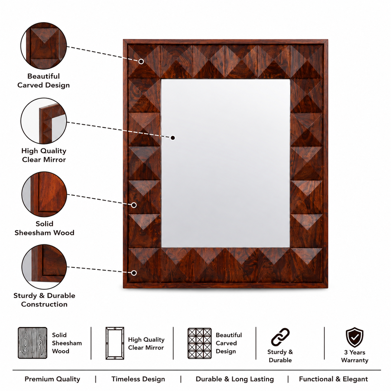 Oslo Solid Sheesham Wood Mirror Frame - Natural Finish - 3 Years Warranty features