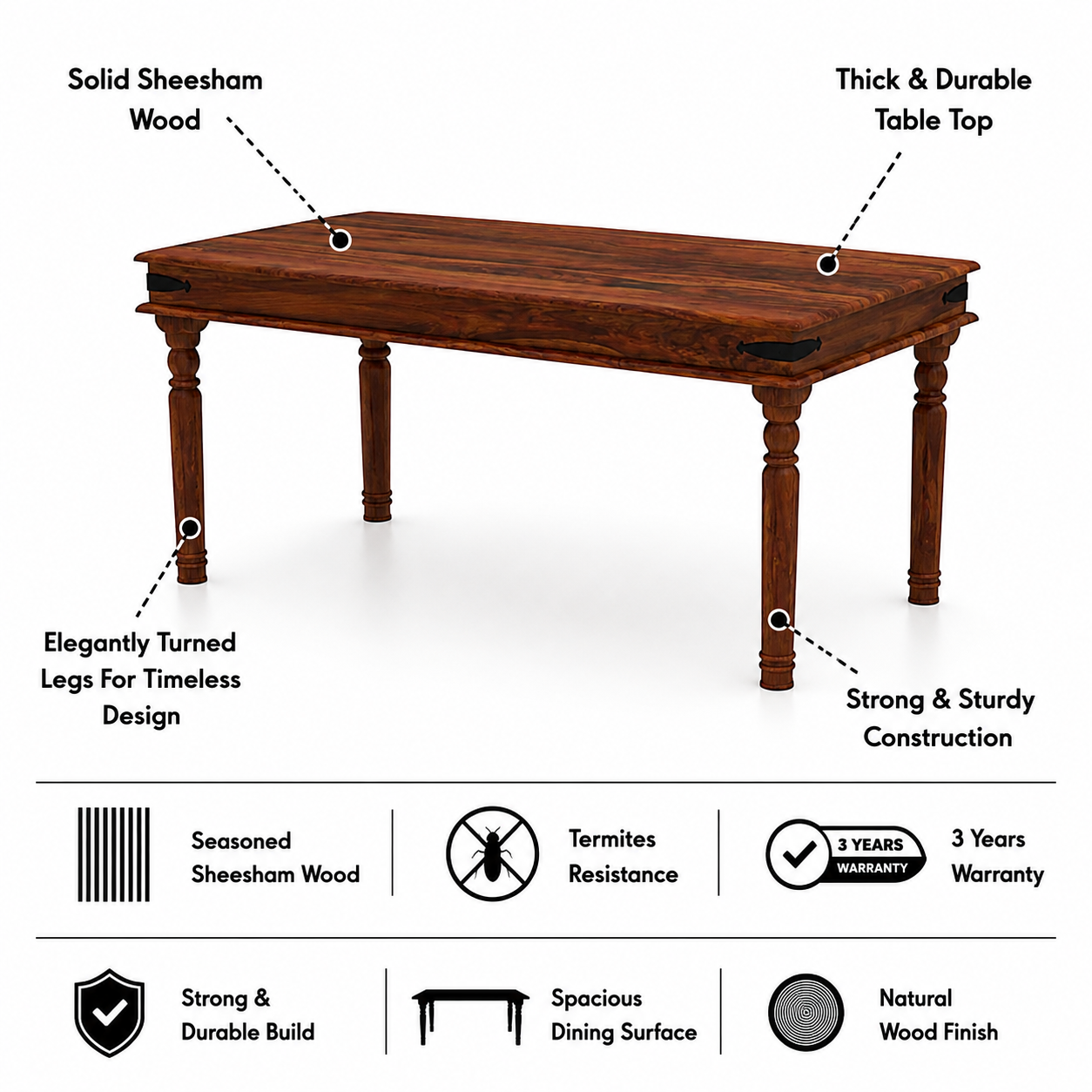 Akon Solid Sheesham Wood 6 Seater Dining Table - 3 Years Warranty features