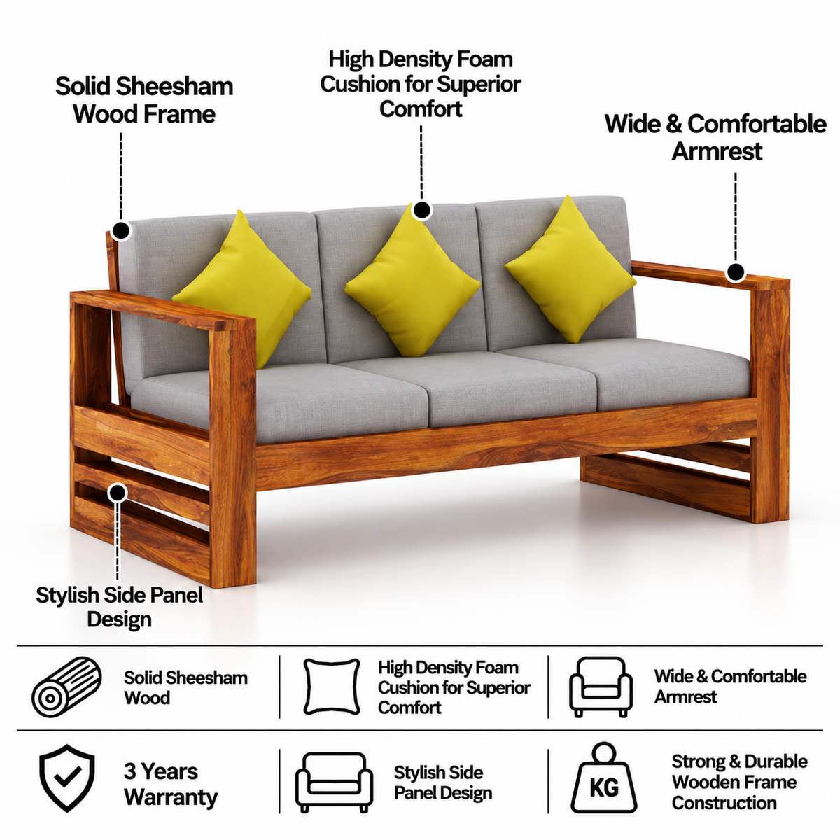 Lurid Solid Sheesham Wood 3 Seater Sofa With Side Pockets - 3 Years Warranty features