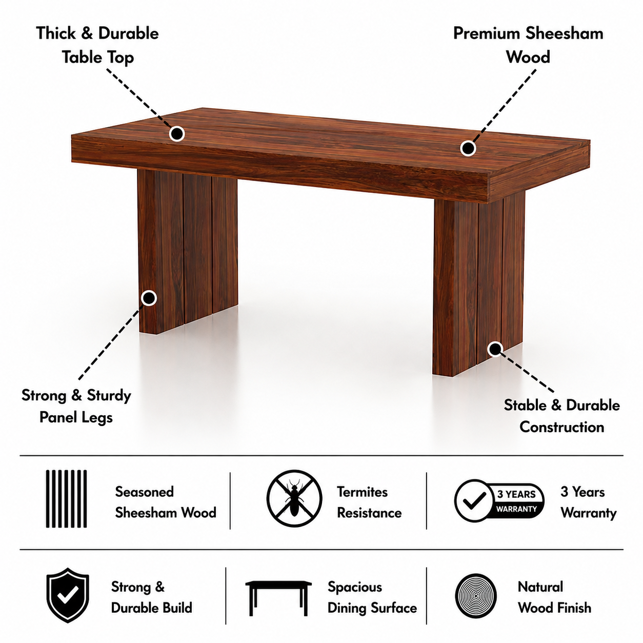 Maharaja Solid Sheesham Wood 6 Seater Dining Table - 3 Years Warranty features