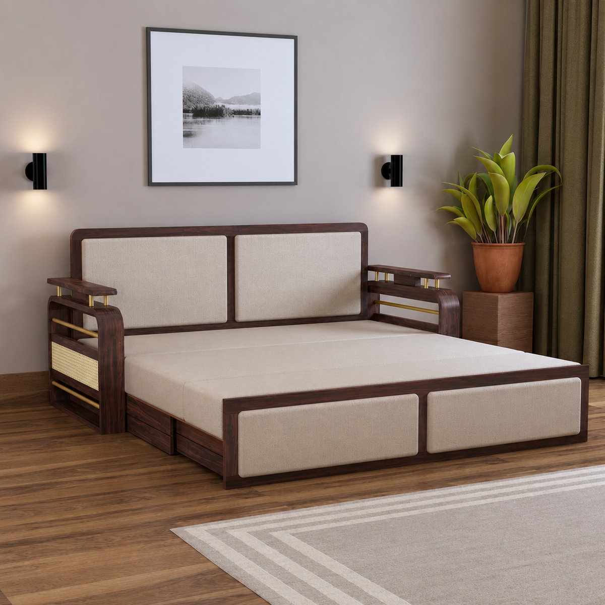 EDIN Solid Sheesham Wood 3 Seater Sofa Cum Bed With Upholstered Headboard and Brass Detailing - 3 Years Warranty