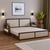 EDIN Solid Sheesham Wood 3 Seater Sofa Cum Bed With Upholstered Headboard and Brass Detailing - 3 Years Warranty