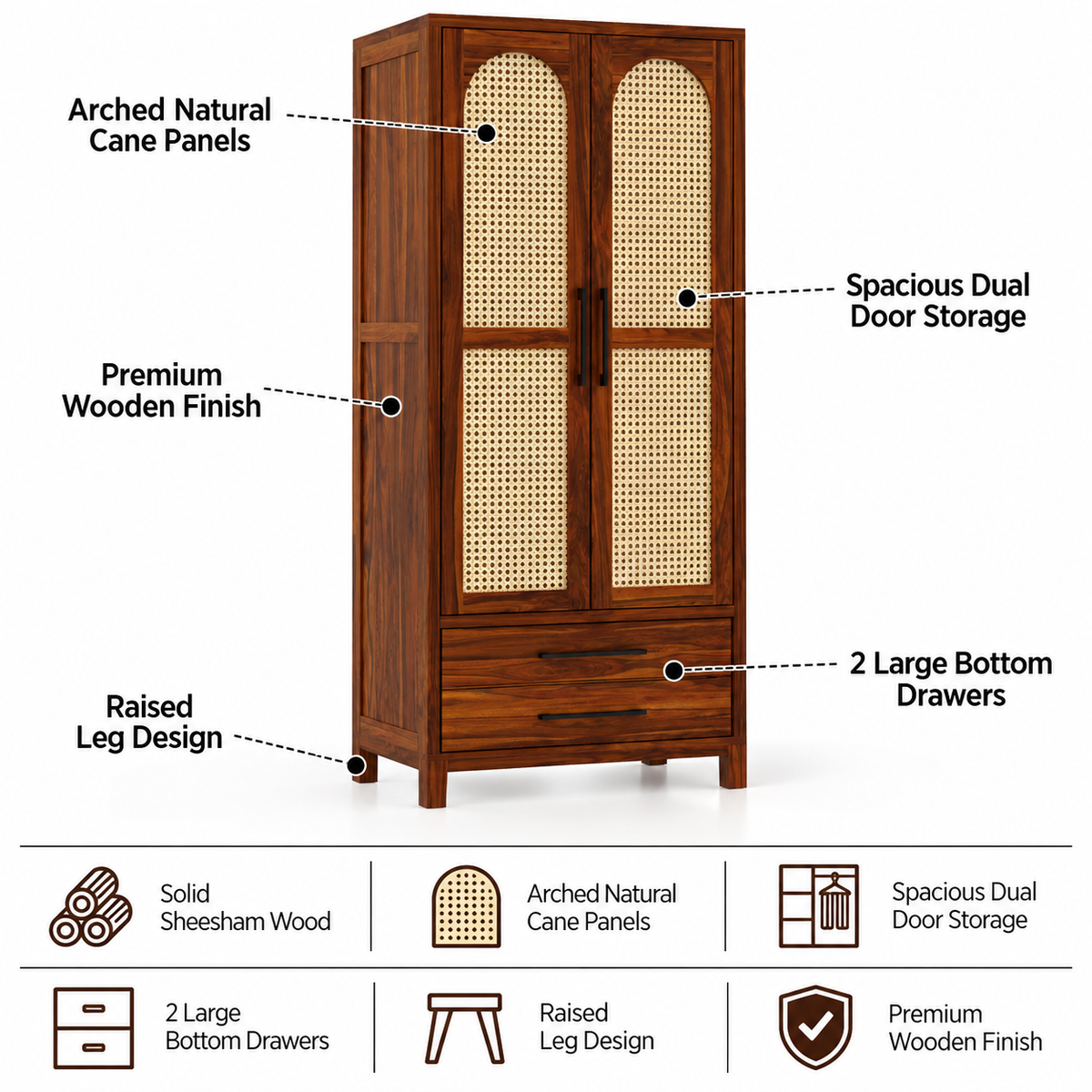 Cosmos Solid Sheesham Wood Wardrobe With Two Doors and Two Drawers - 3-Year Warranty