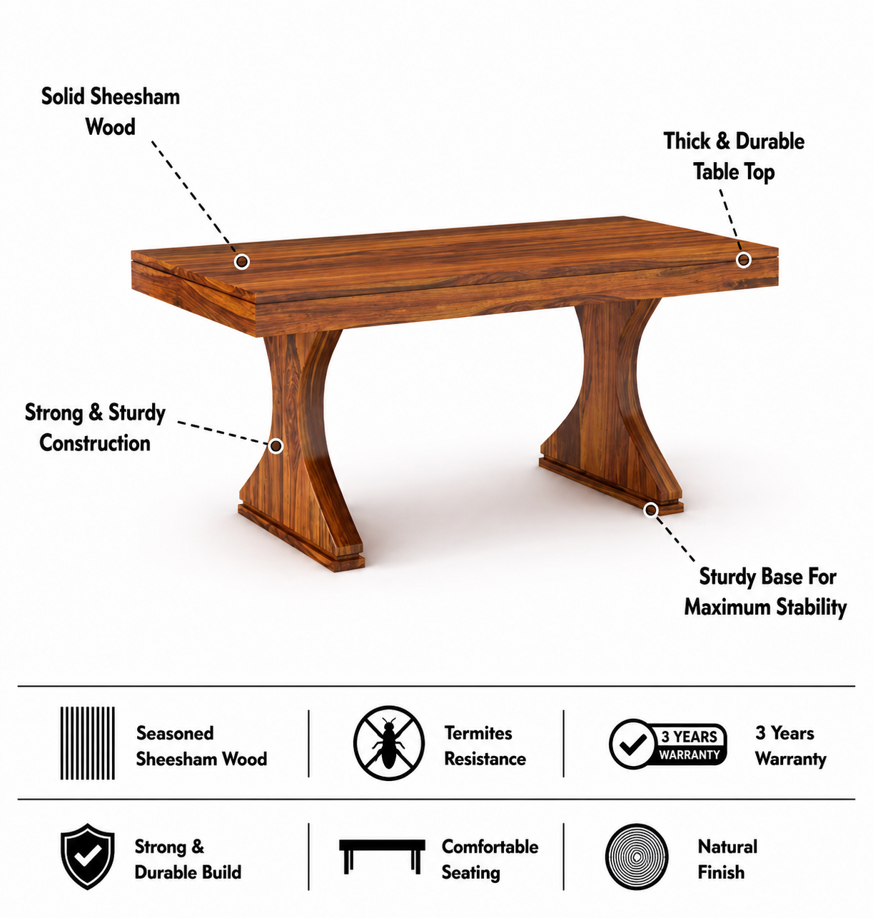 Maron Solid Sheesham Wood 6 Seater Dining Table Set - 3 Years Warranty features