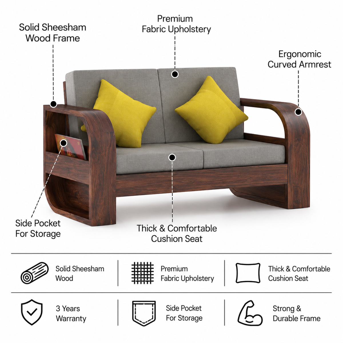Crew Solid Sheesham Wood 2 Seater Sofa With Side Pocket - 3 Years Warranty features