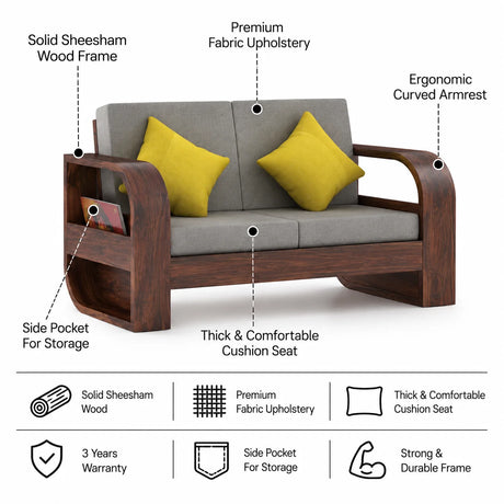 Crew Solid Sheesham Wood 2 Seater Sofa With Side Pocket - 3 Years Warranty