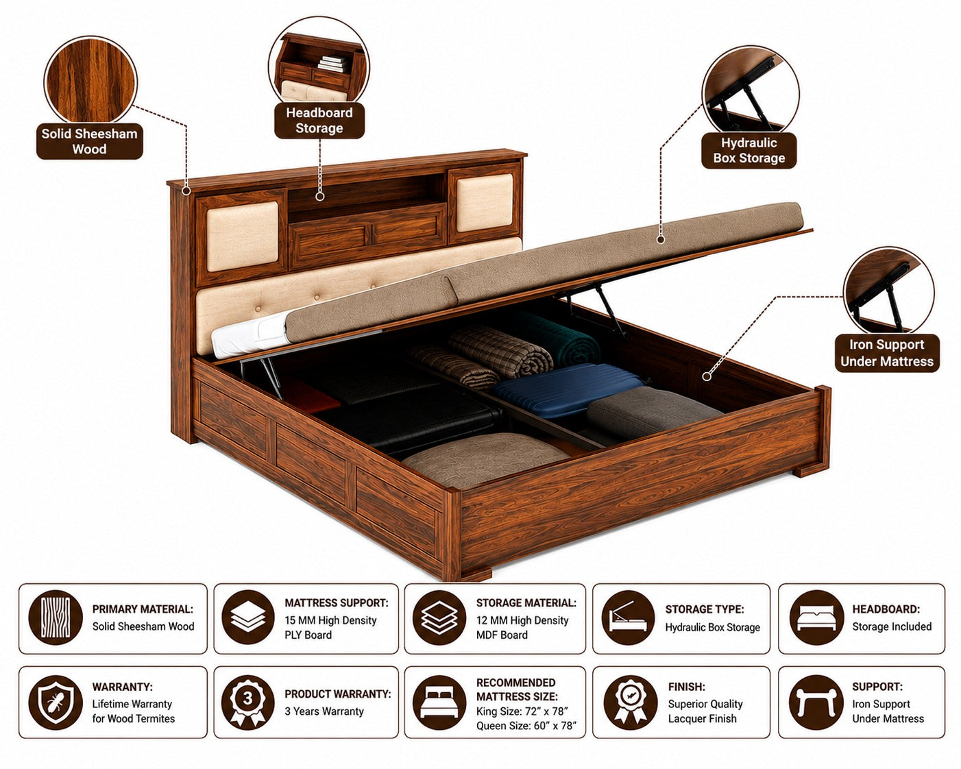 Maharaja Solid Sheesham Wood Bed with Hydraulic Box and Headboard Storage - 3 Years Warranty features
