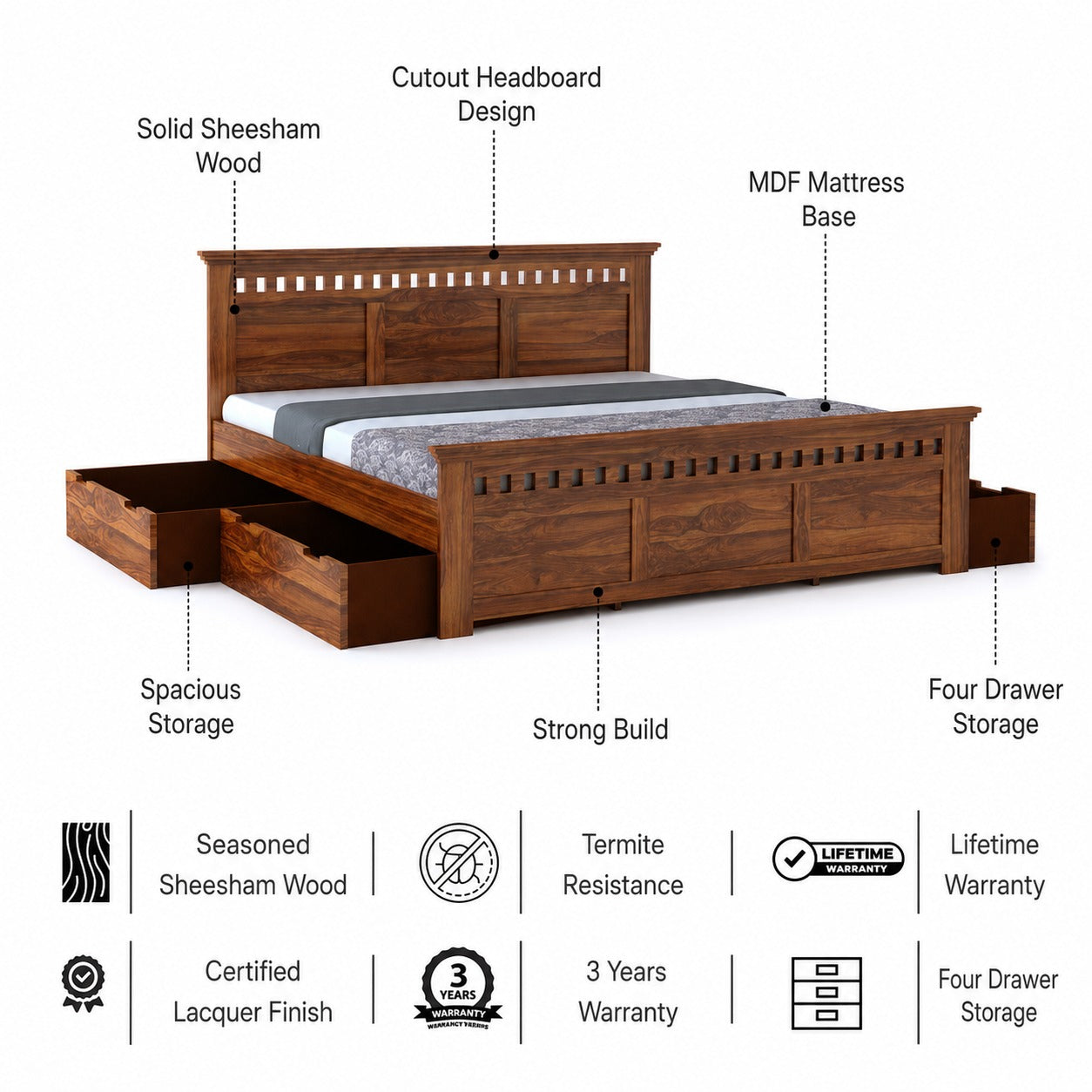 Armania Solid Sheesham Wood Bed With Four Drawer Storage - 3 Years Warranty features