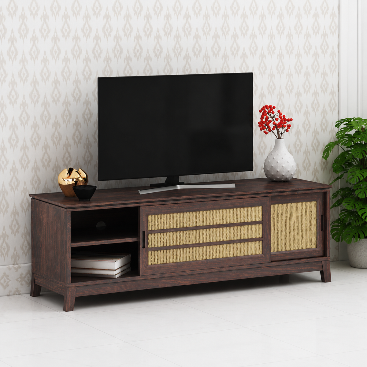 Cosmos Solid Sheesham Wood TV Unit Cane With Sliding Doors - 3 Years Warranty