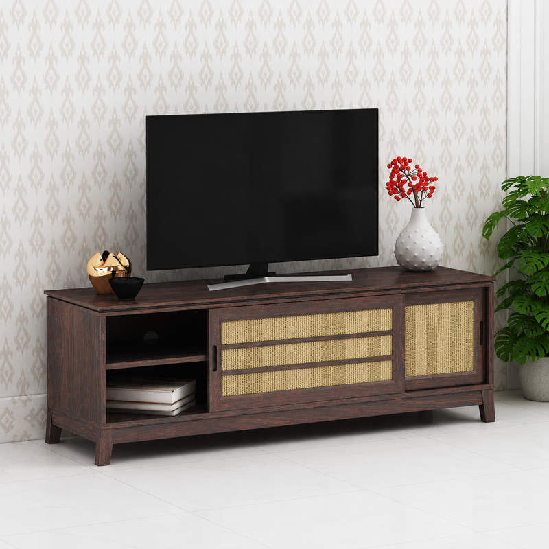 Cosmos Solid Sheesham Wood TV Unit Cane With Sliding Doors - 3 Years Warranty