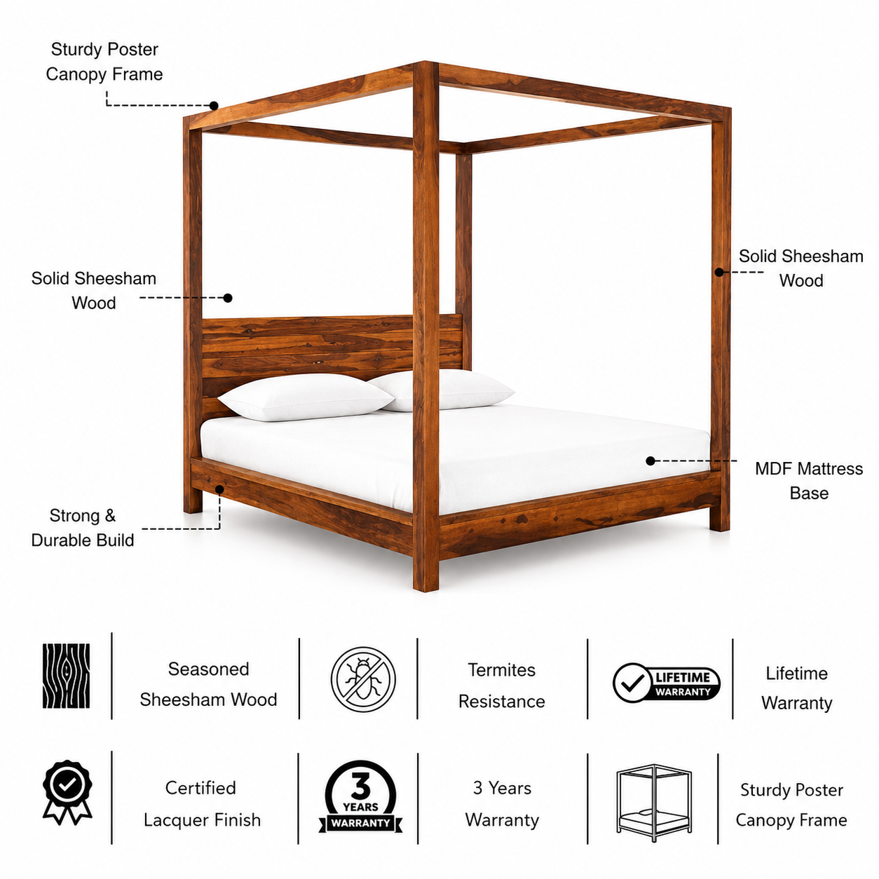 Maldives Solid Sheesham Wood Poster Bed - 3 Years Warranty features