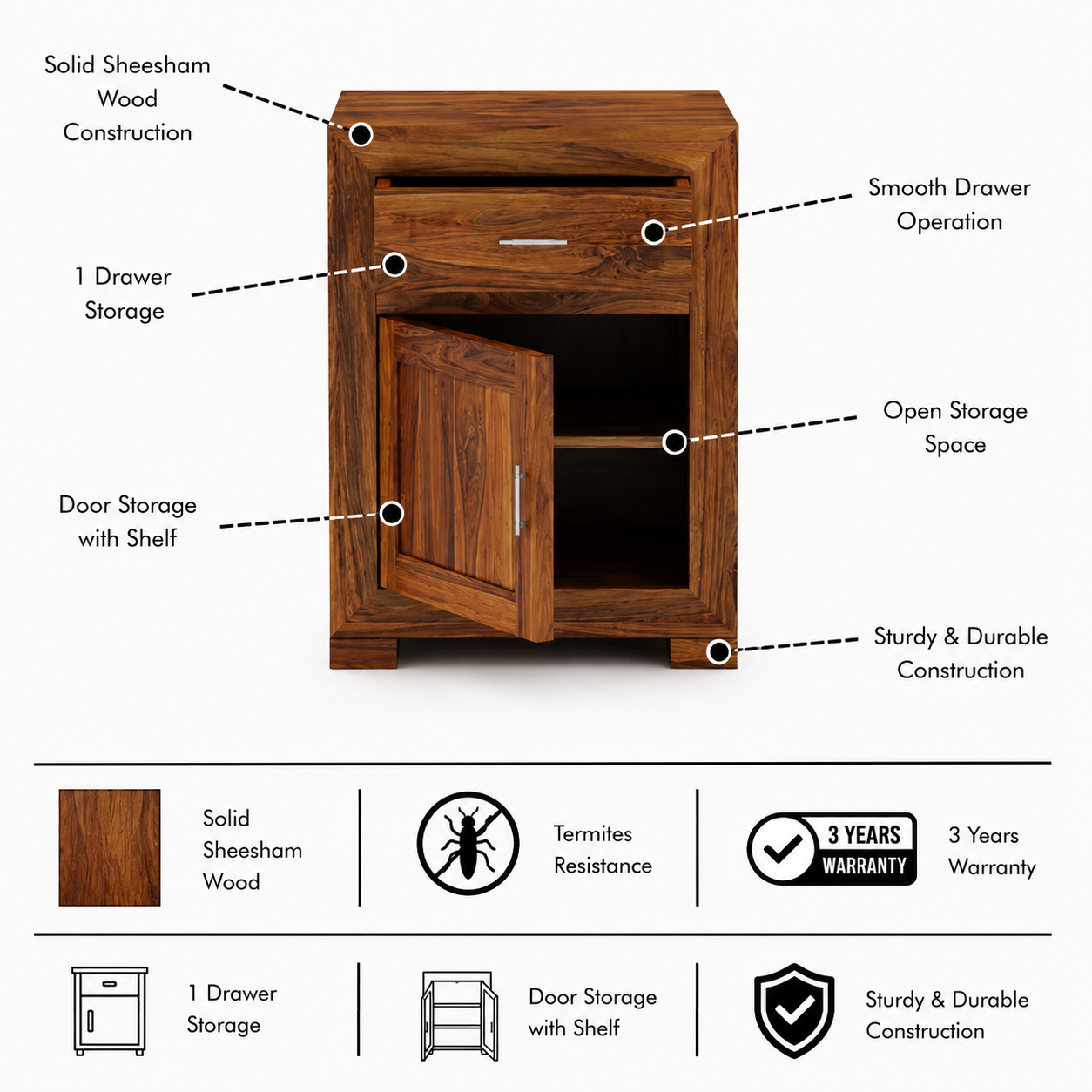 Trace Solid Sheesham Wood Bedside With Drawer and Door Storage - 3 Years Warranty features