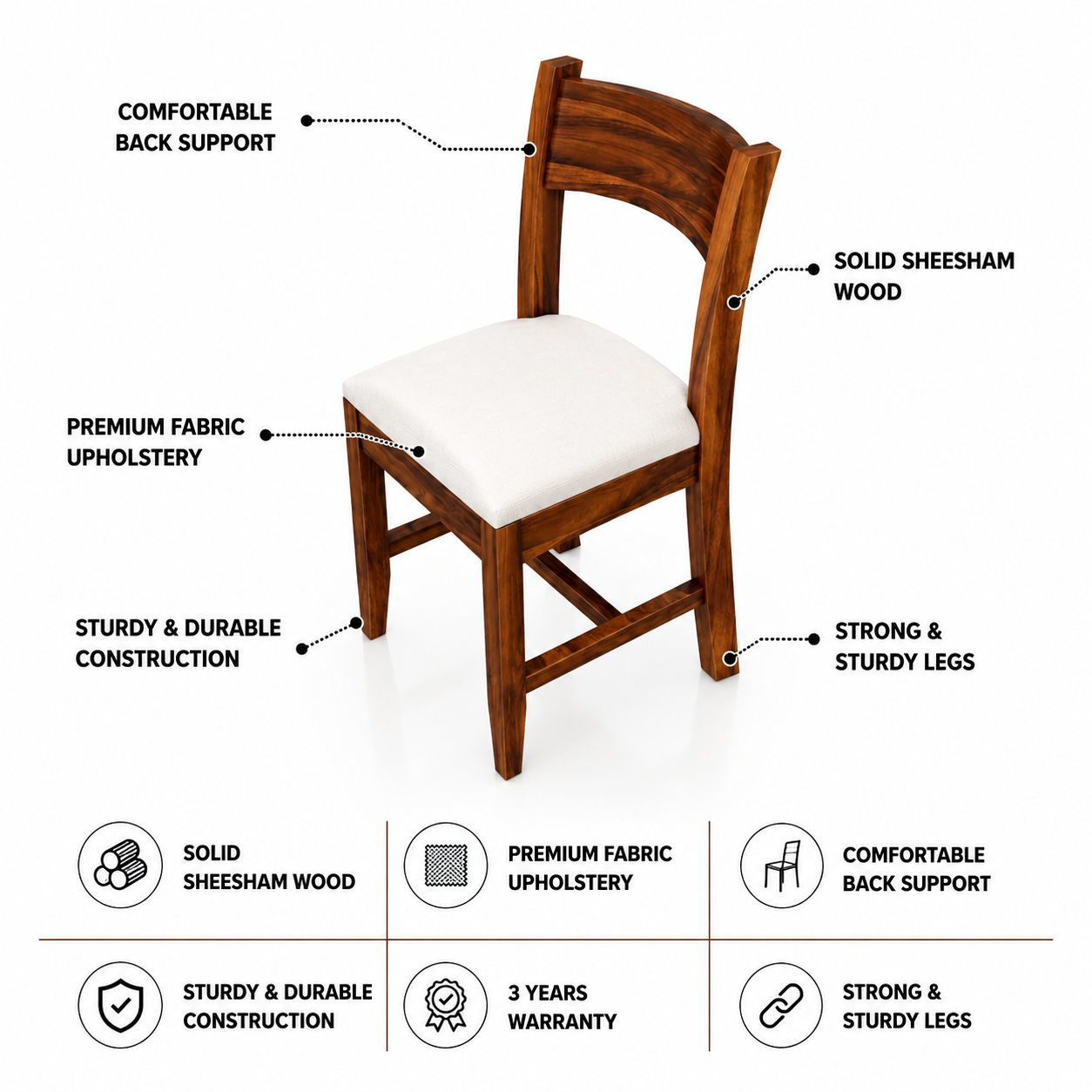 Crown Solid Sheesham Wood Dining Chair - 3 Years Warranty features