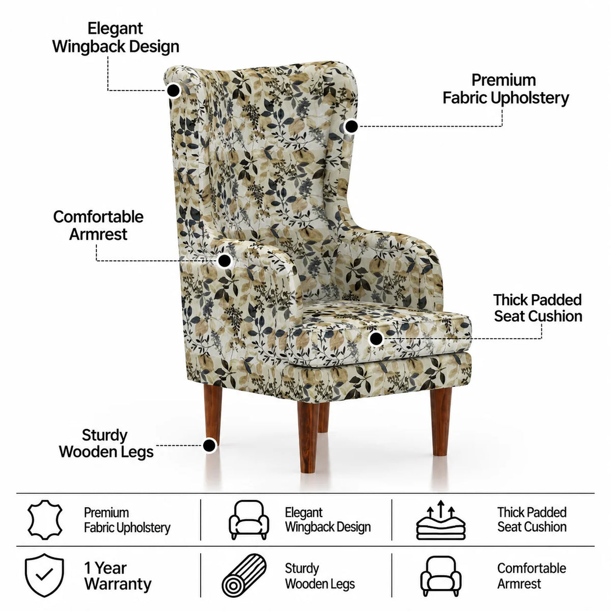 Goa Wing/Relax Sofa Chair With Wooden Legs - 1 Years Warranty
