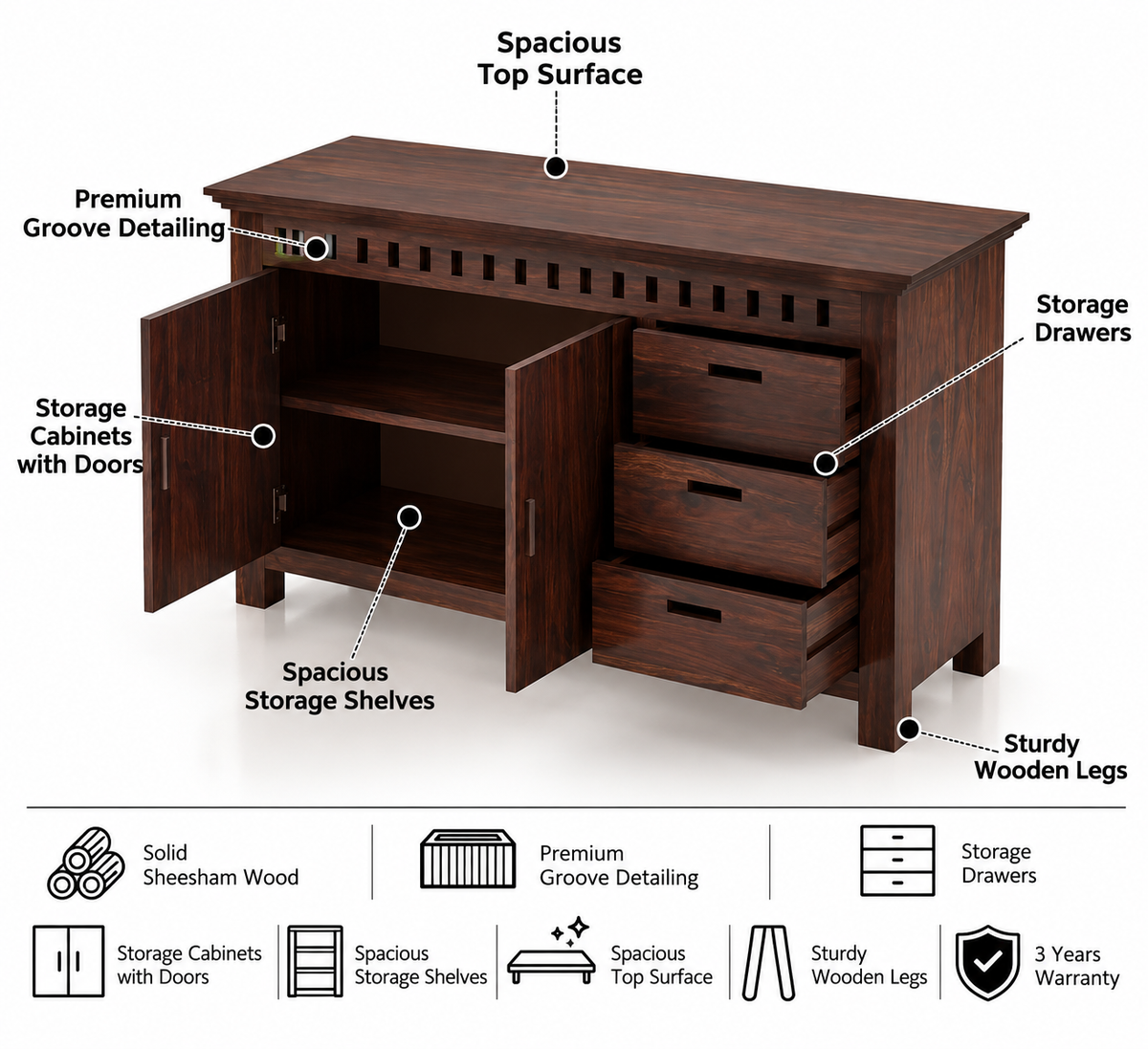 Armania Solid Sheesham Wood Sideboard With Doors and Drawer Storage - 3 Years Warranty features
