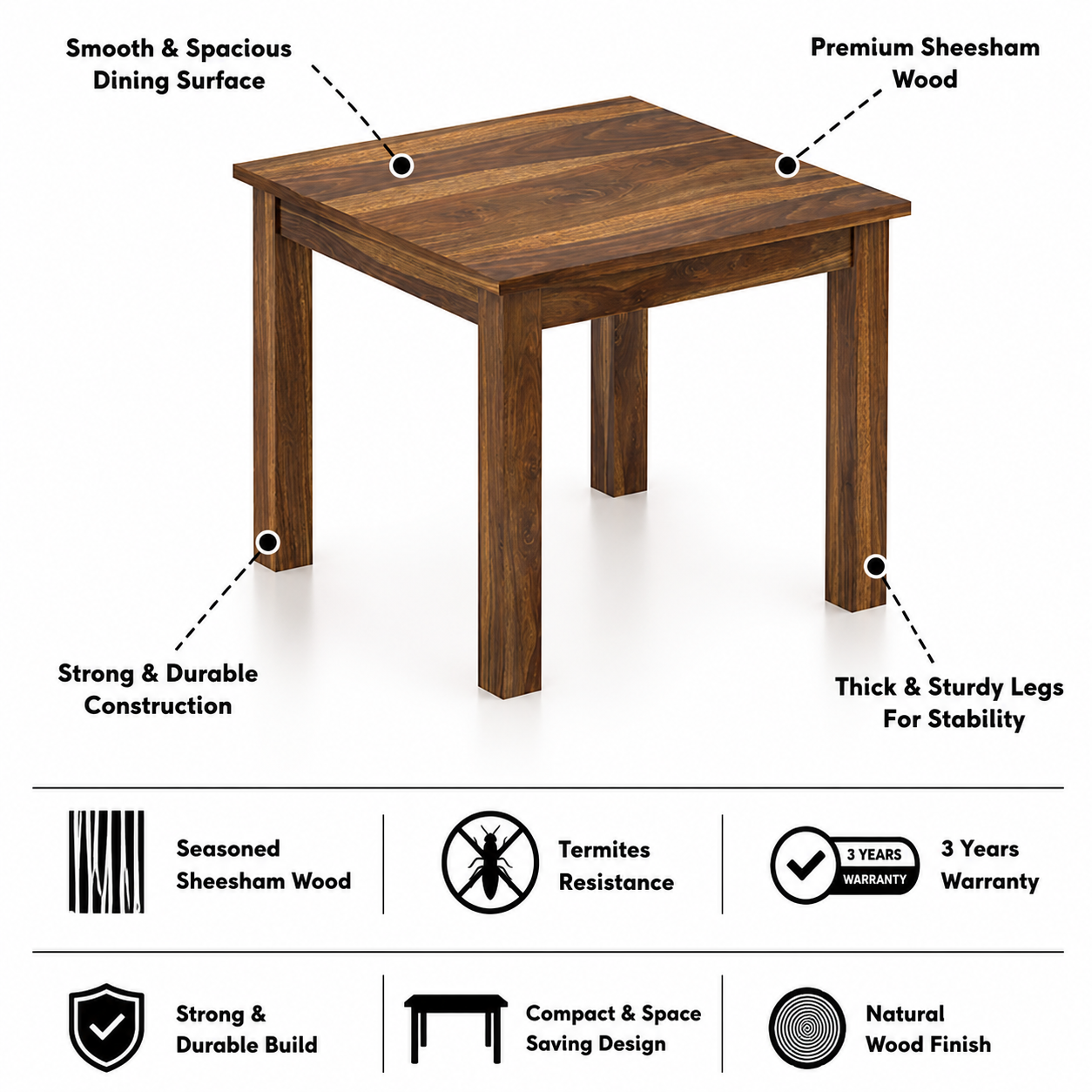 Cairo Solid Sheesham Wood Square 4 Seater Dining Table Set - 3 Years Warranty features