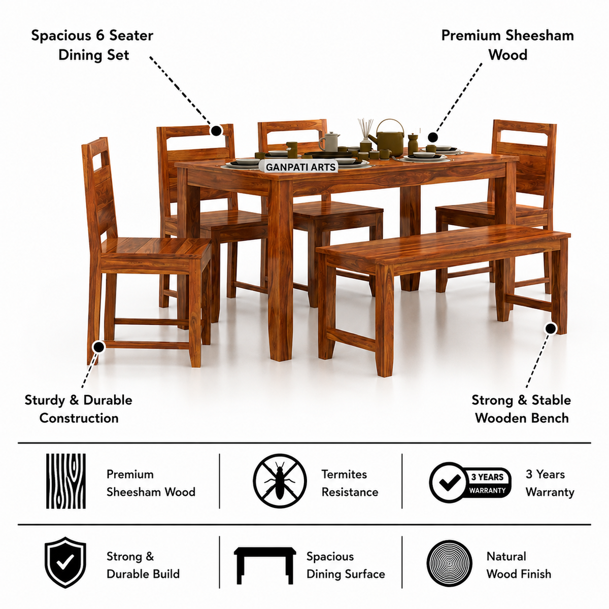 Victoria Solid Sheesham Wood 6 Seater Dining Table Set - 3 years Warranty features